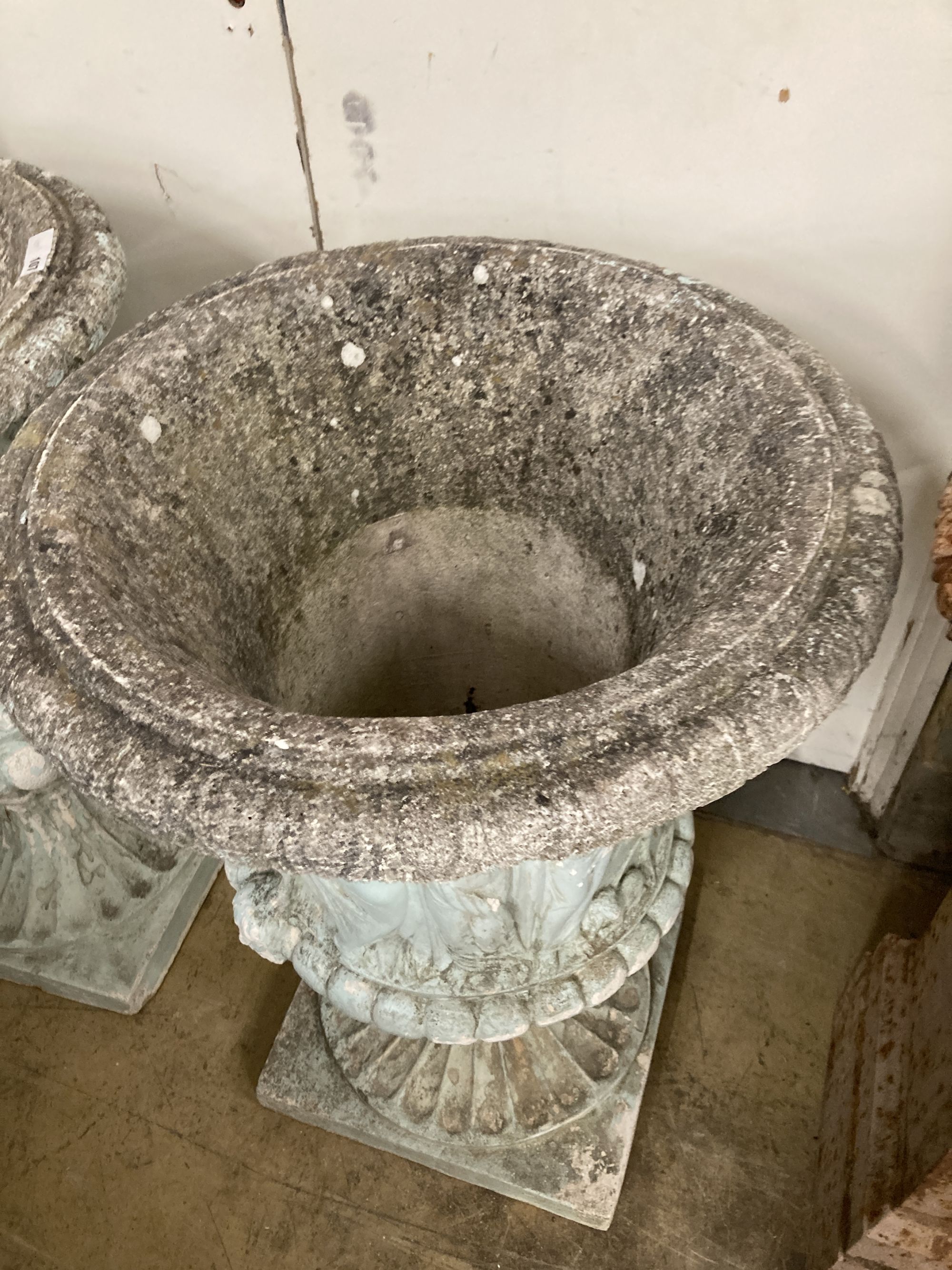 A pair of painted reconstituted stone campana garden urns, diameter 62cm, height 90cm